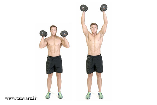 پرس سرشانه در حالت ایستاده با دمبل